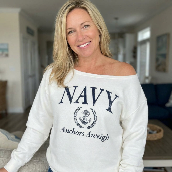 Navy Ladies Tiffany Off the Shoulder Sweatshirt (White)