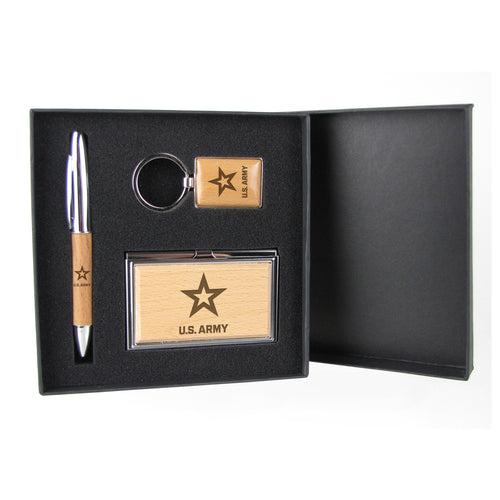 Army Star Silver/Wood Gift Set with Pen, Keychain & Business Card Case