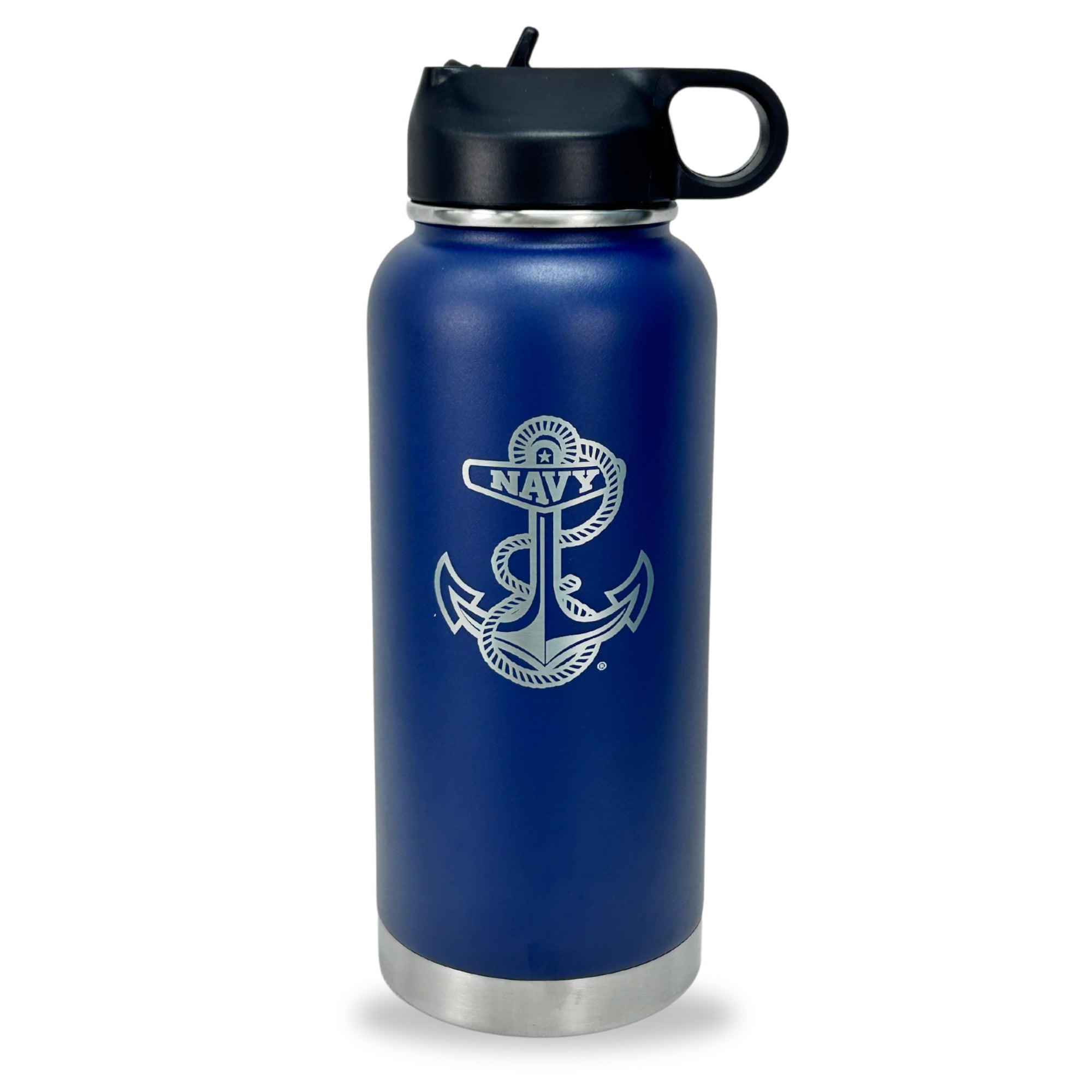 Navy Anchor Stainless Steel Laser Etched 32oz Water Bottle (Navy)