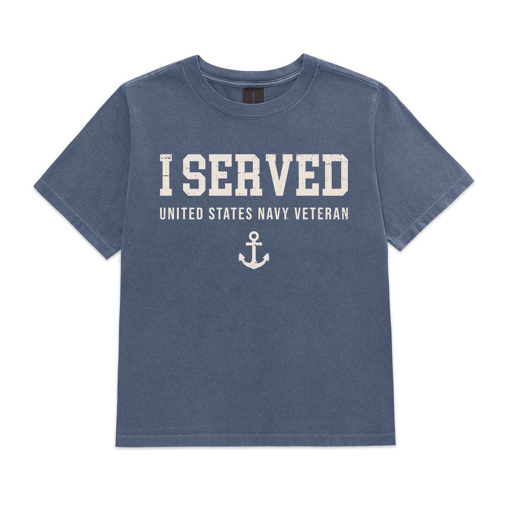 A faded slate blue short-sleeve t-shirt with 'I SERVED UNITED STATES NAVY VETERAN' and an anchor graphic printed in distressed off-white on the front, shown on a plain white background.