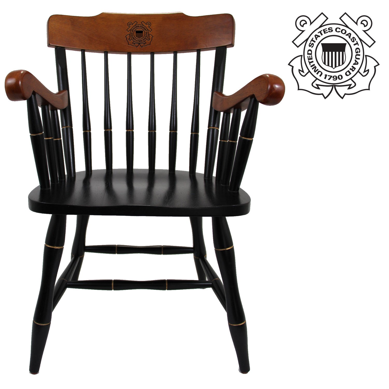 Coast Guard Seal Wooden Captain Chair (Black - Cherry Arms & Crown)*