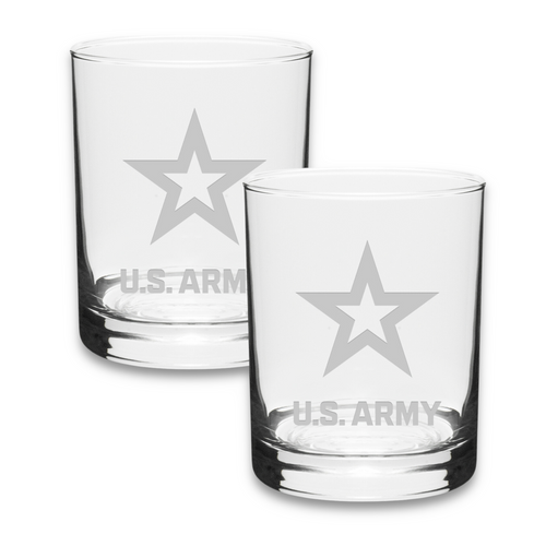 Army Star 14oz Deep Etched Double Old Fashion Glasses (Clear)