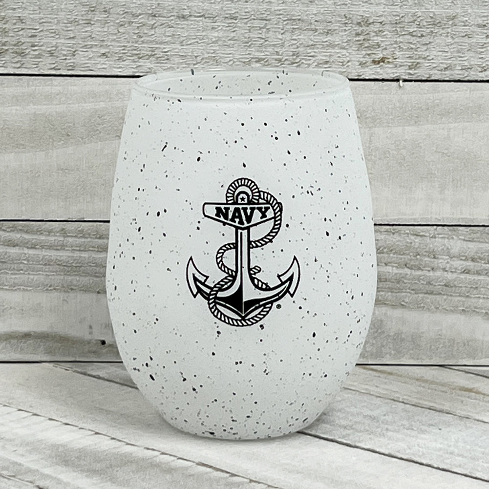 Navy Anchor 15oz Speckled Stemless Wine Glass (White)