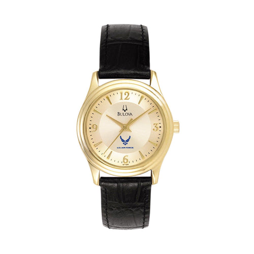 Air Force Wings Ladies Bulova Black Leather Strap Gold Plated Watch (Black)