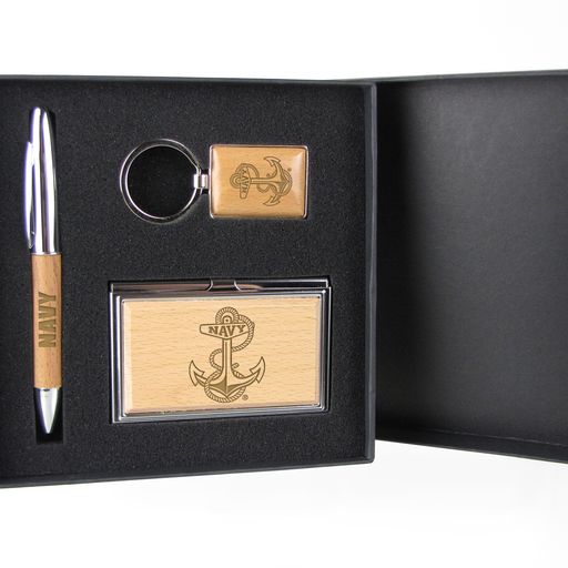 Navy Anchor Silver/Wood Gift Set with Pen, Keychain & Business Card Case