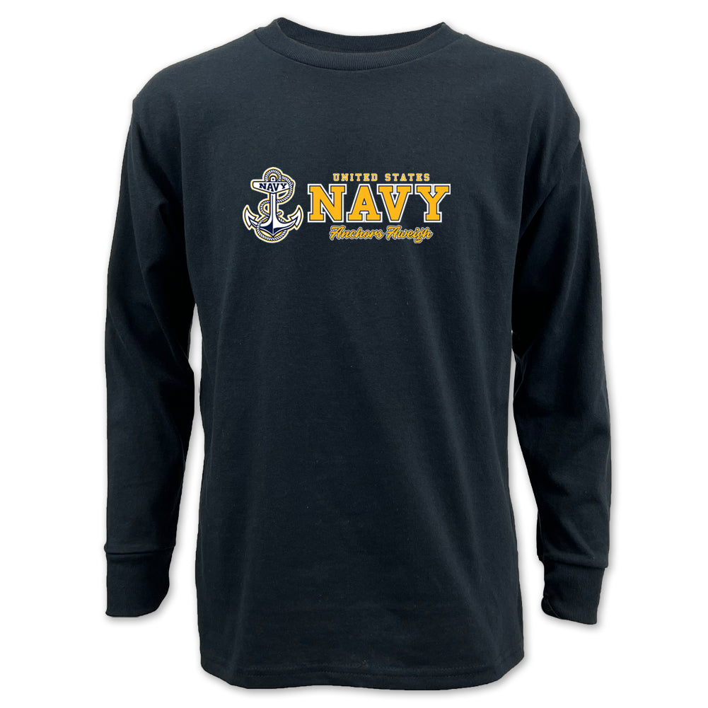 Navy Youth Anchors Aweigh Chest Print Long Sleeve T-Shirt