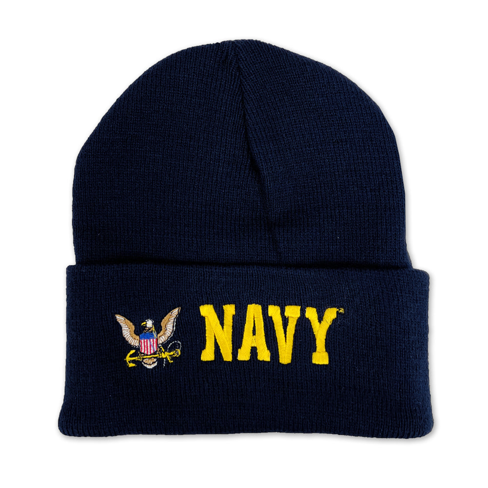 Navy Eagle Emblem Cuffed Knit Beanie (Navy)