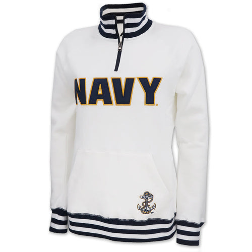 Navy Ladies Tackle Twill Fleece Stripe 1/4 Zip (White)