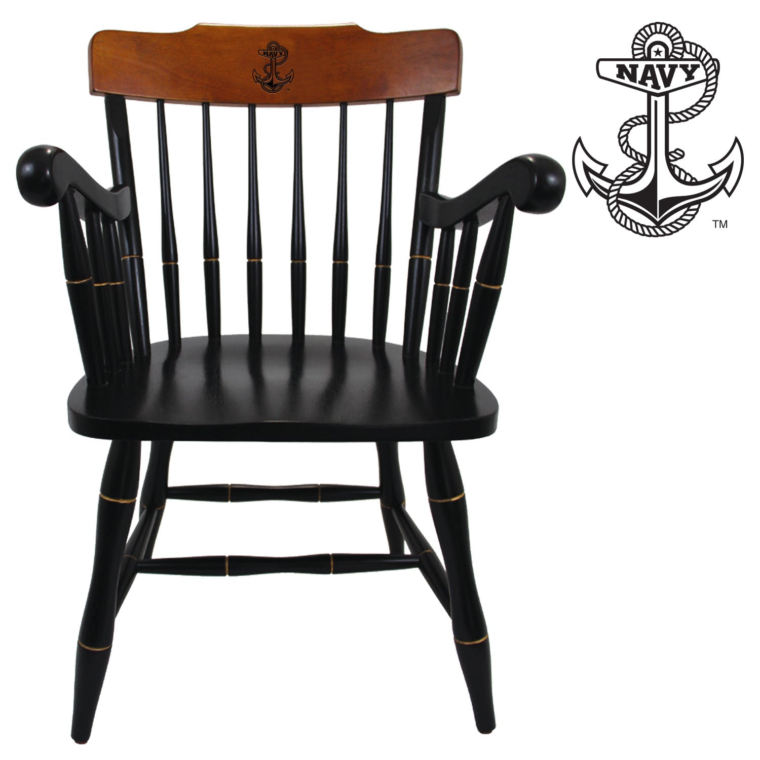 Navy Anchor Wooden Captain Chair (Black with Cherry Crown)