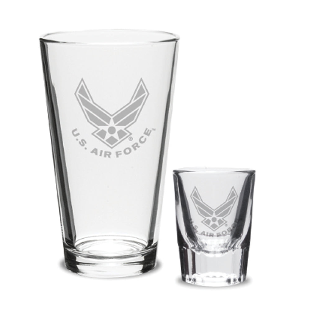 Air Force Wings 16oz Deep Etched Pub Glass and 2oz Classic Shot Glass (Clear)