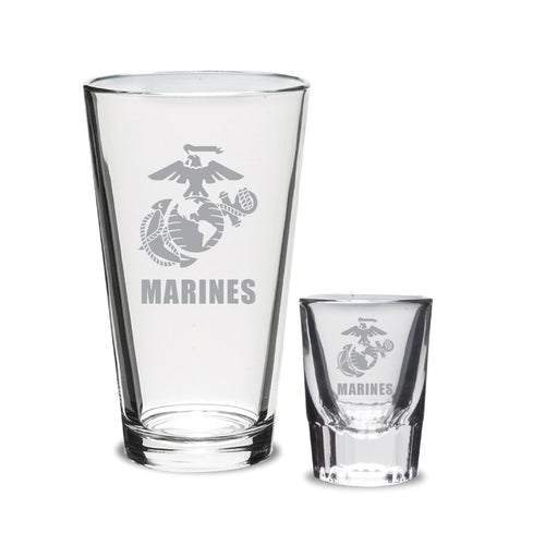 Marines EGA 16oz Deep Etched Pub Glass and 2oz Classic Shot Glass (Clear)