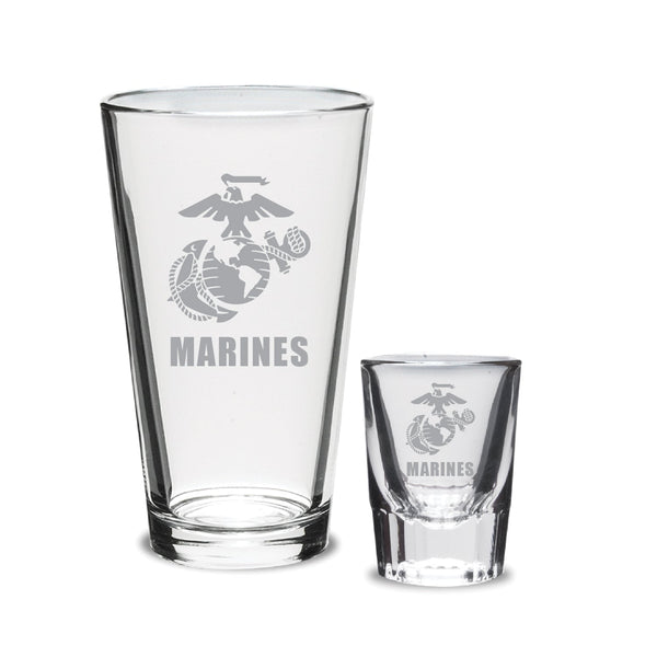 Marines EGA 16oz Deep Etched Pub Glass and 2oz Classic Shot Glass (Cle